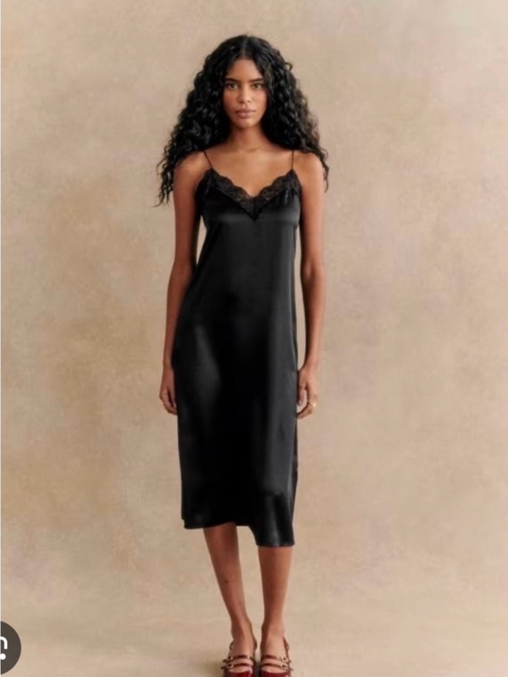 Sezane Nassima Black Lace-Trim Silk Slip Dress - Women
